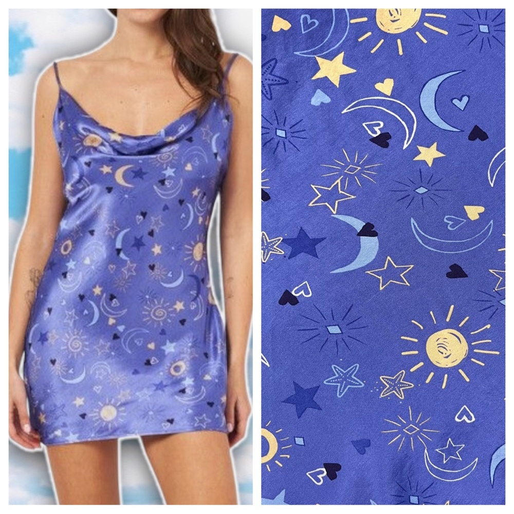 NWOT ZARA Satin Effect Mini Slip Dress Lilac Celestial Moon Stars Witchy Y2k 90s